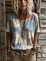 3D Color Block Print V Neck Rolled Short Sleeve Casual Tee