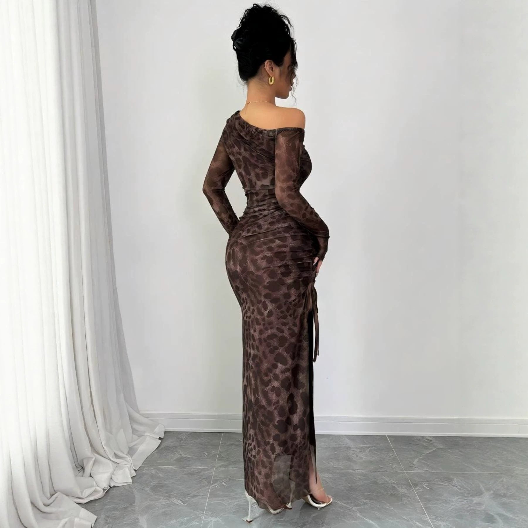 Leopard Print Off-Shoulder Ruched High Slit Long Sleeve Maxi Dress