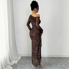 Leopard Print Off-Shoulder Ruched High Slit Long Sleeve Maxi Dress