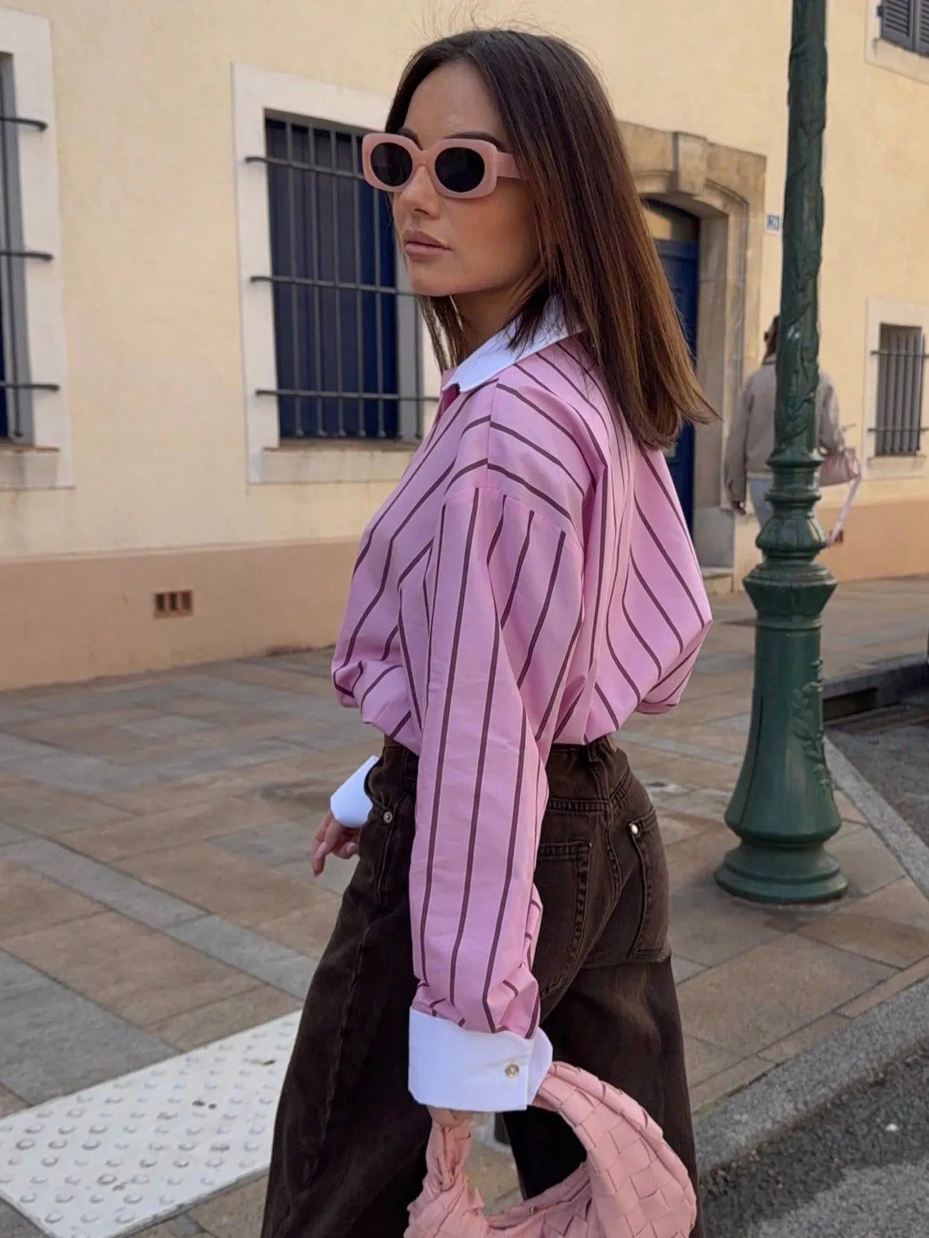 Contrast Lapel Cuff Vertical Stripe Loose Long Sleeve Button Down Shirt