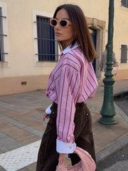 Contrast Lapel Cuff Vertical Stripe Loose Long Sleeve Button Down Shirt