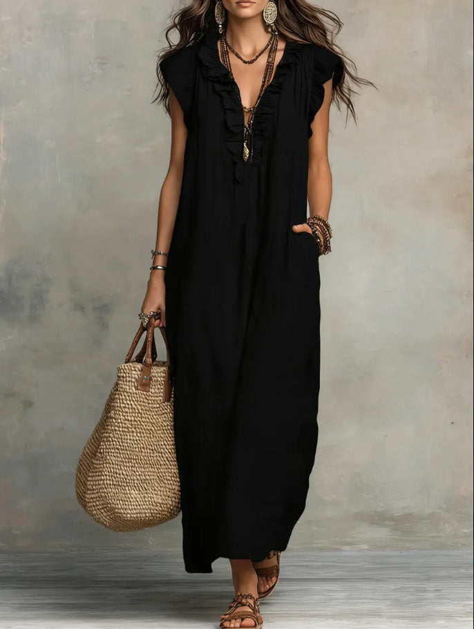 Woven Green Ruffle V-Neck Loose Maxi Dress