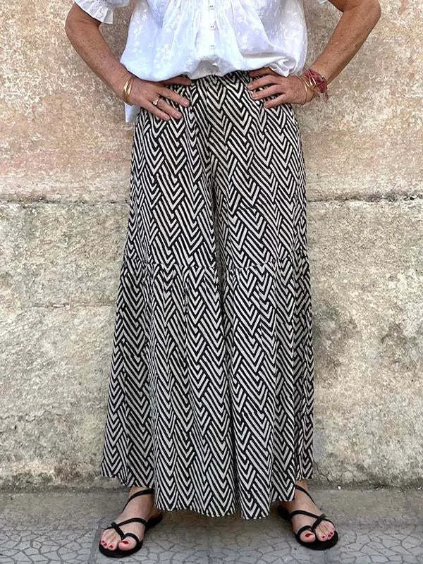 Striped Print High Waist Polyester Flared Wide Leg Long Casual Pants