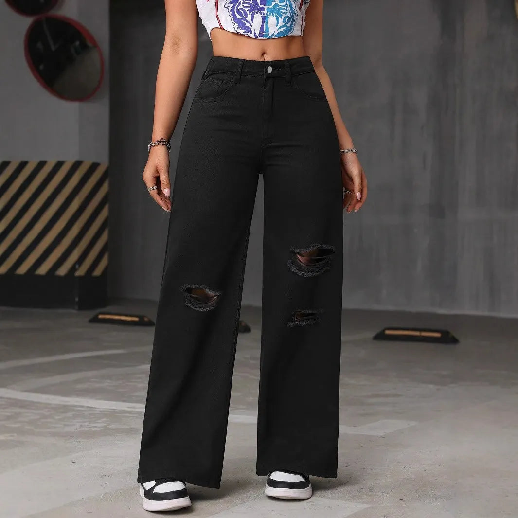 High Waist Casual Distressed Denim Pants