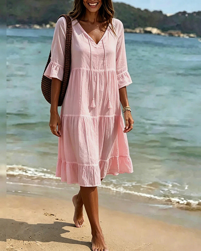 White V-Neck Tiered Ruffle Midi Dress
