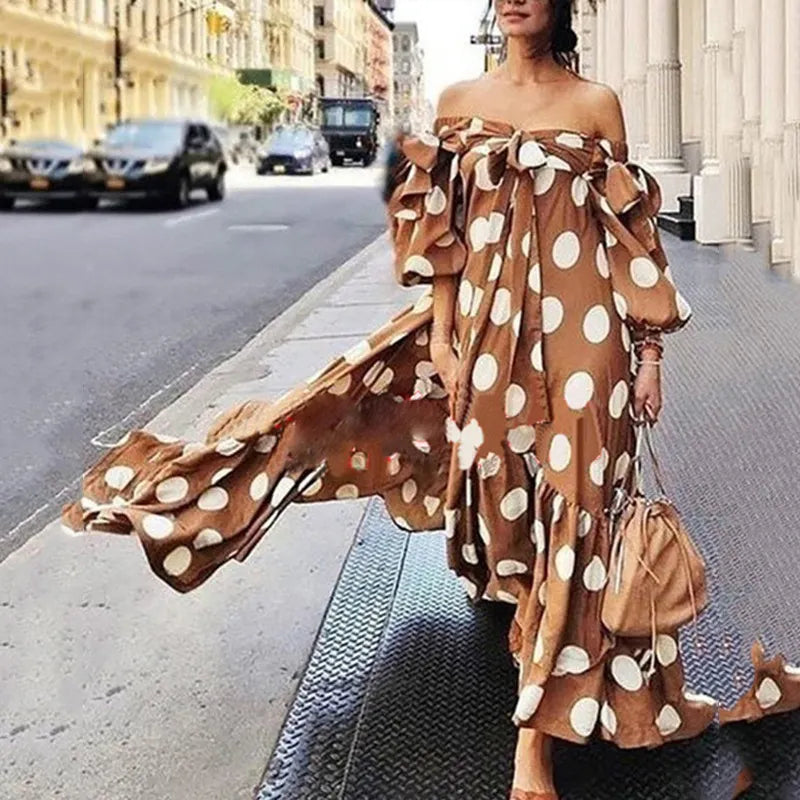 Off Shoulder Puff Long Sleeve Polka Dot Loose Swing Maxi Dress