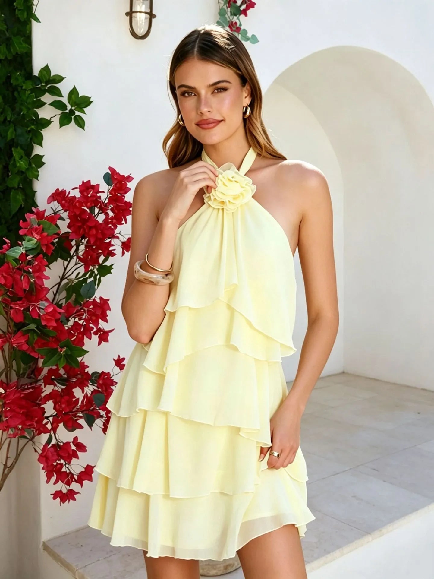 Matching Flowy Solid Color Ruffle Layered Halter Neck Mini Cake Dress