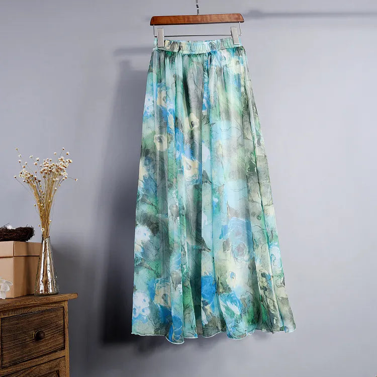 Floral Print Chiffon Maxi Skirt High Waist Flowy A-Line Skirt