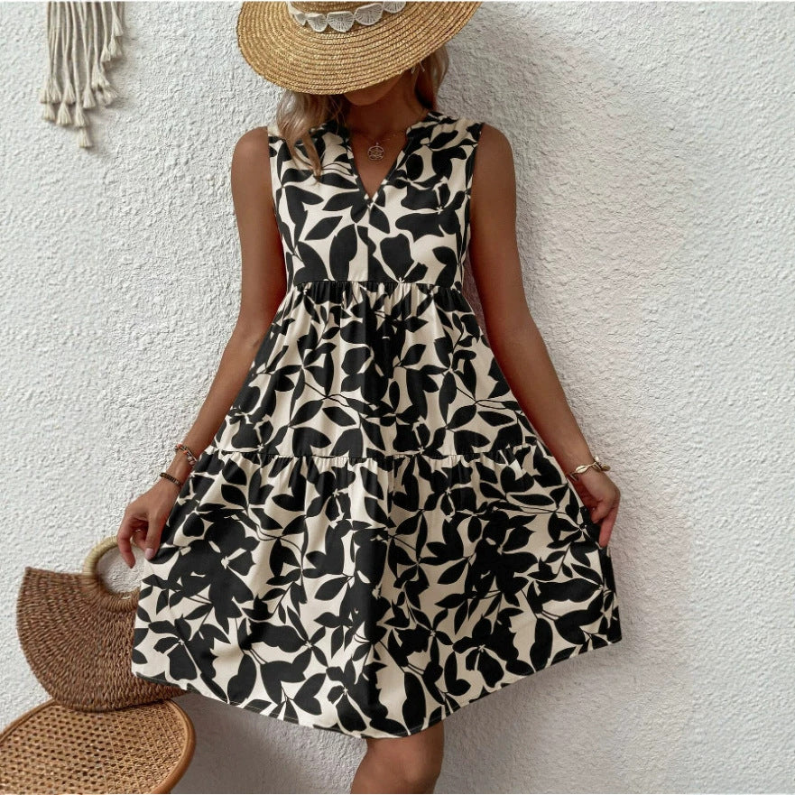 Floral Print V-Neck Sleeveless A-Line Casual Dress