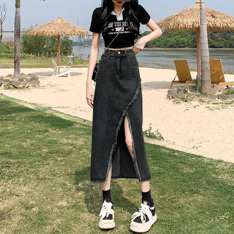 High Waist Split Denim Midi Skirt