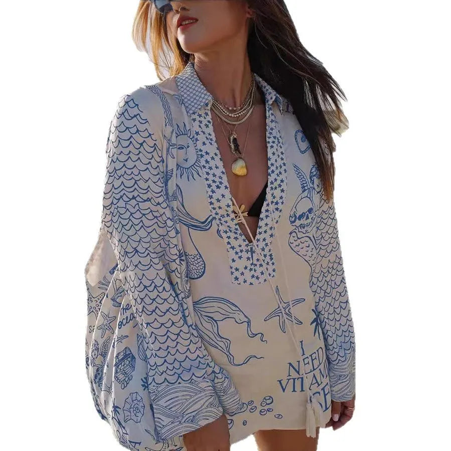 Wave Print Long Sleeve Shirt & Dot Shorts Two Piece Casual Set