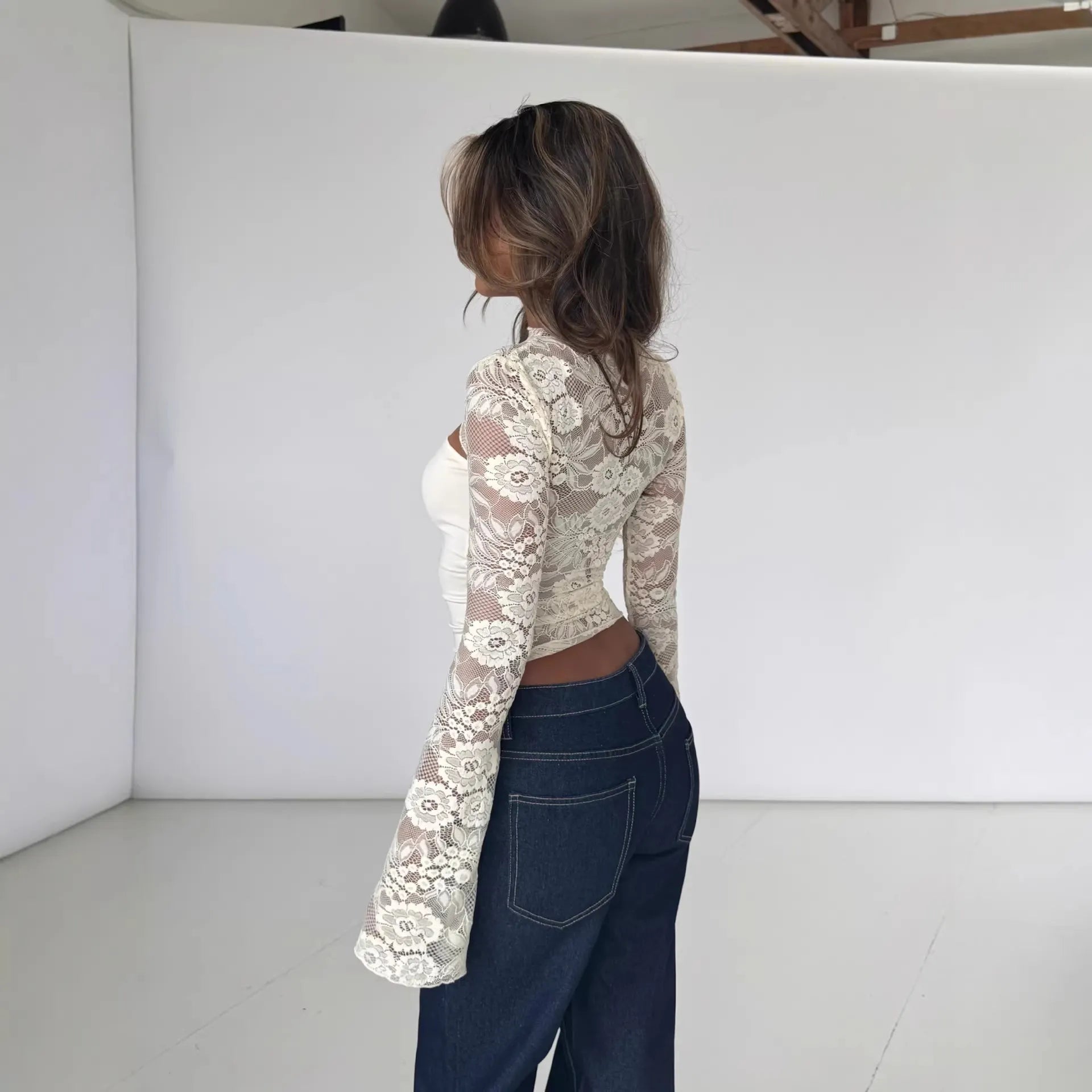 Slim Fit Cutout Lace Flare Long Sleeve Stand Collar Spliced Nylon Top