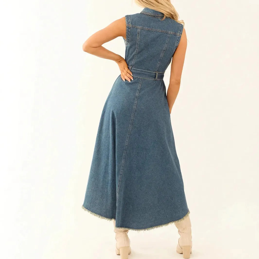 Lapel Sleeveless Single Breasted Belted Irregular Fringe Hem Denim Midi Dress