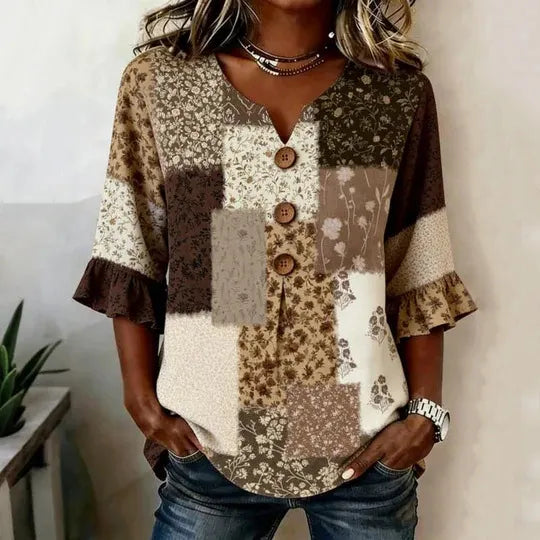 Round Neck Floral Printed Single Breasted 3/4 Ruffle Sleeve Loose Blouse