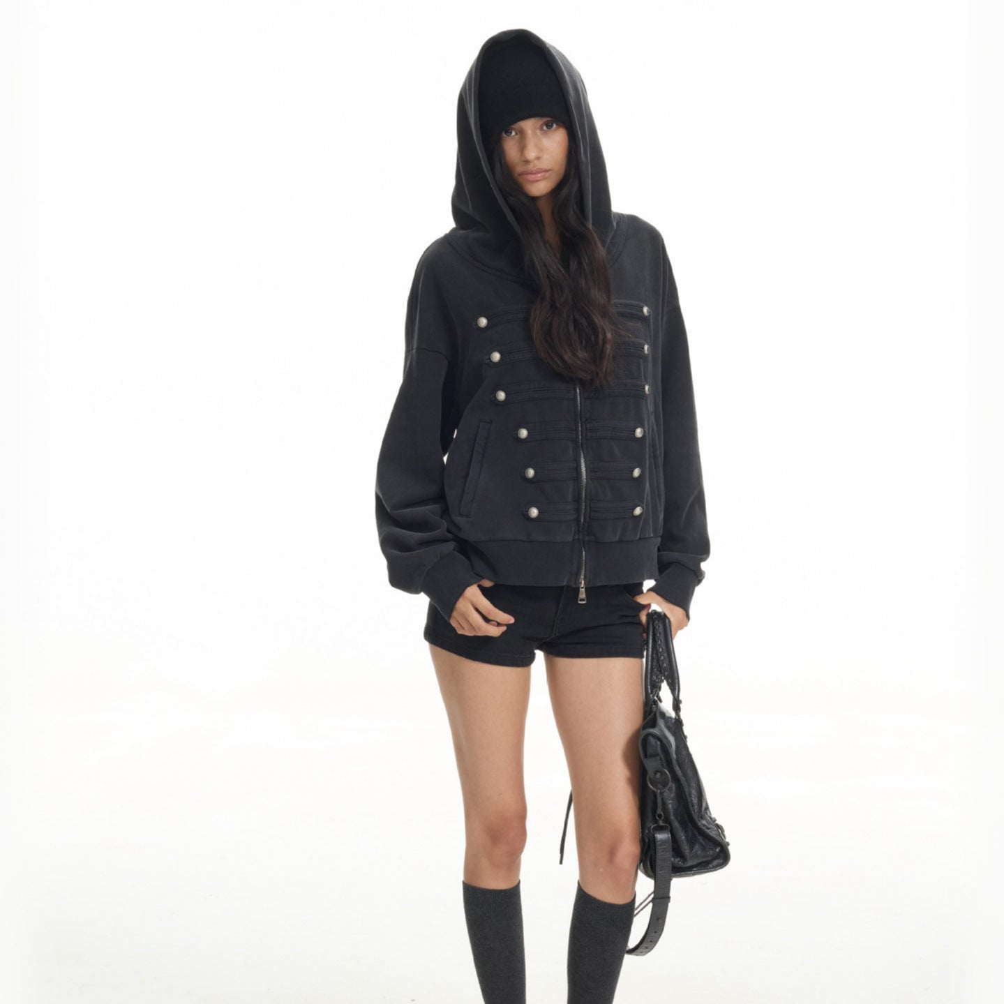 Oversized Hooded Sweatshirt Jacket, Dark Wash Decor Button Front Zip Up Hoodie