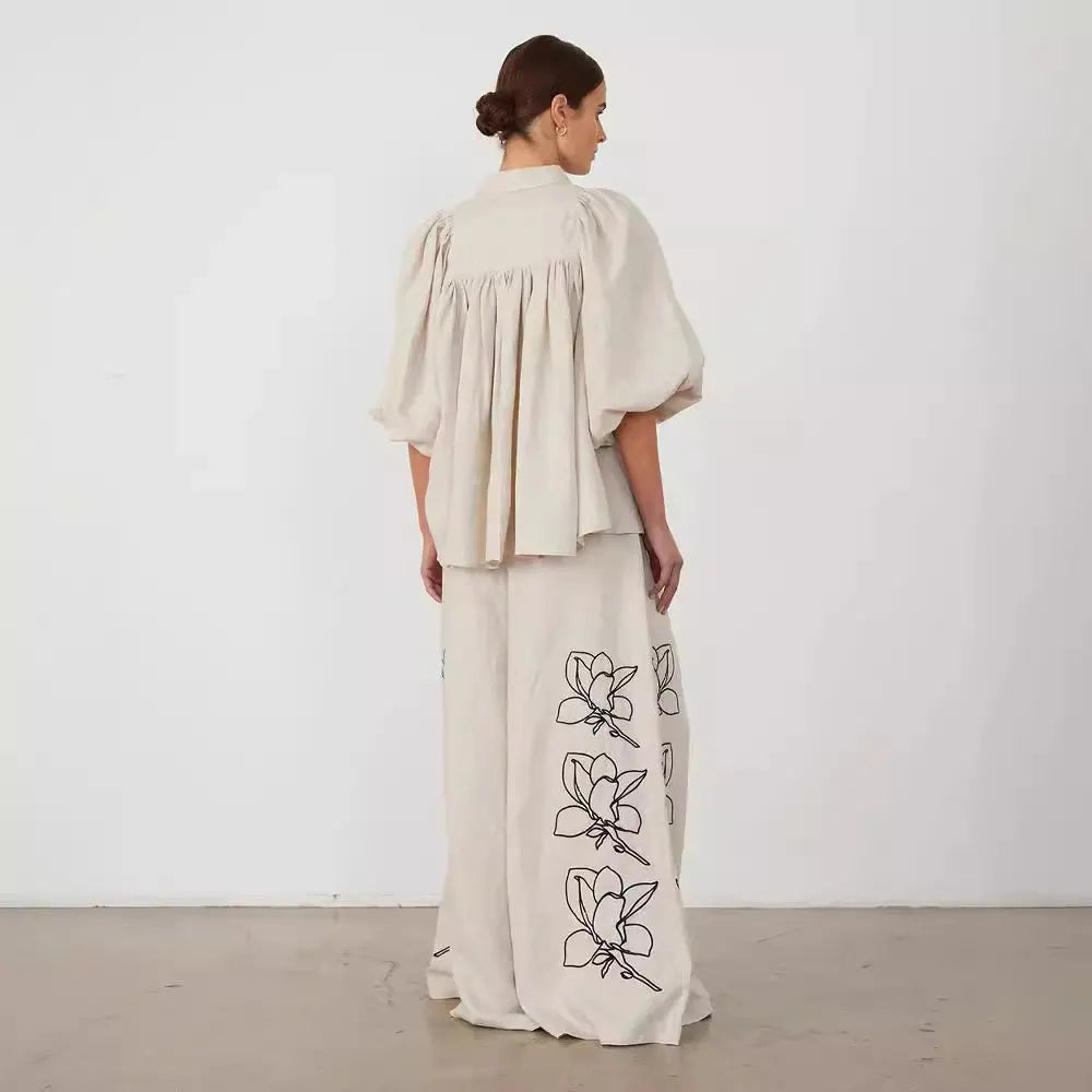 Womne's Floral Embroidery Linen Shirt & Wide Leg Pants 2 Piece Set