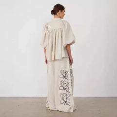Womne's Floral Embroidery Linen Shirt & Wide Leg Pants 2 Piece Set