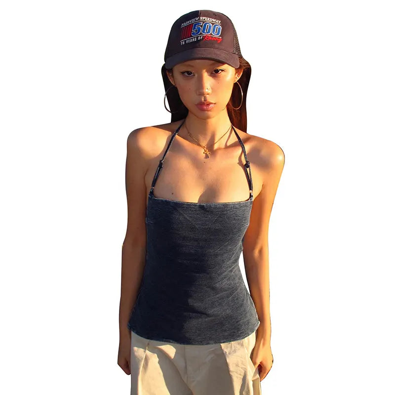 Vintage Washed Denim Halter Square Neck Slim Fitted Tank Top