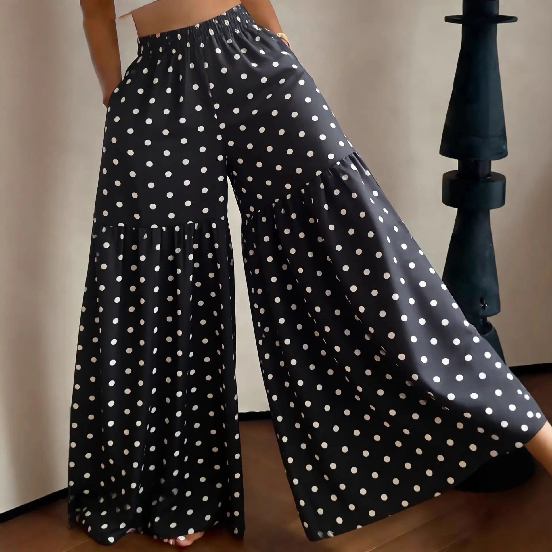 Elastic High Waist Floral Print Ruffle Wide Leg Palazzo Pants