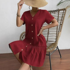 V Neck Short Sleeve Button Down Ruffle Hem Midi Dress
