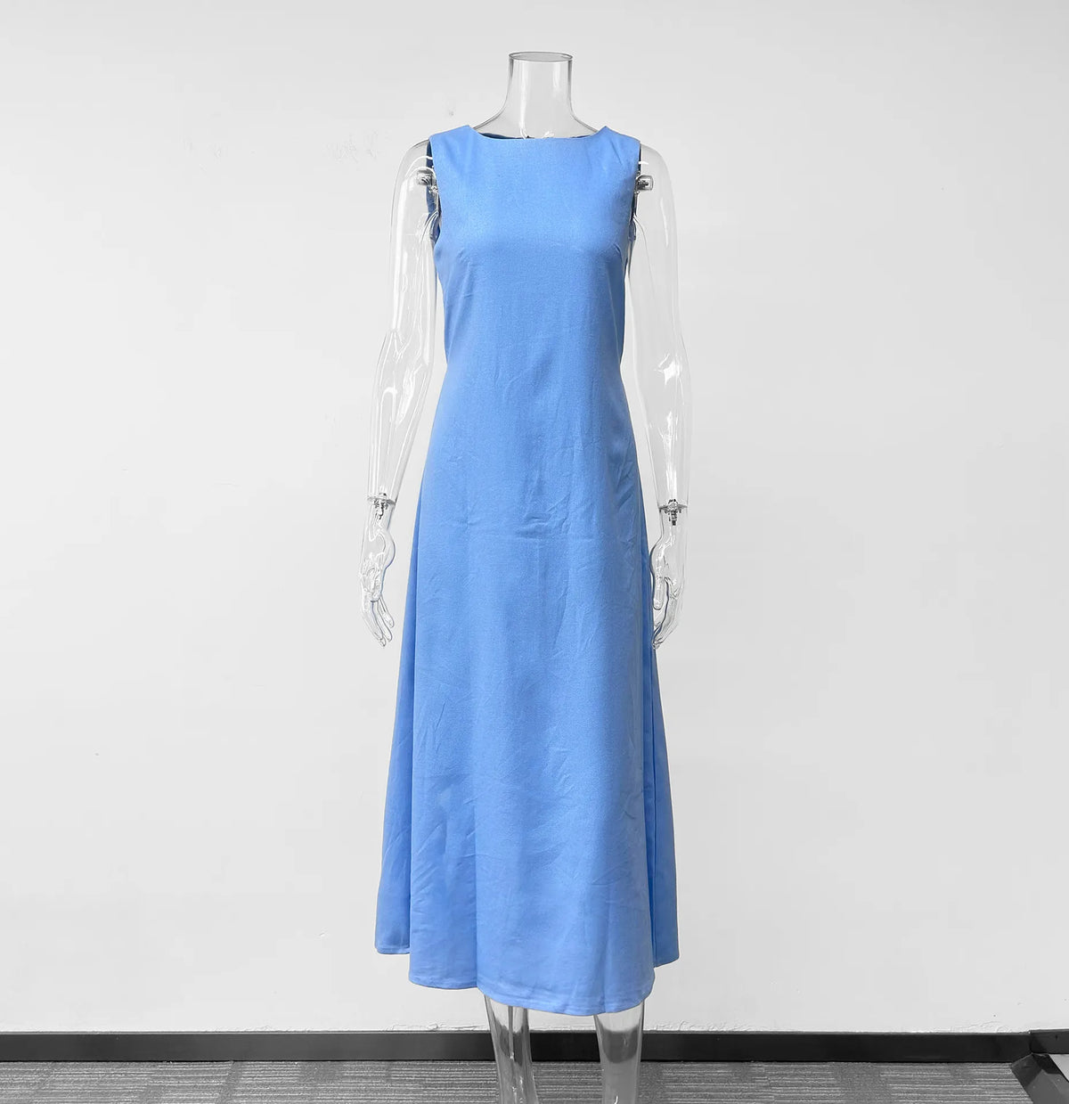 Solid Round Neck Sleeveless Straight A-Line Long Midi Dress