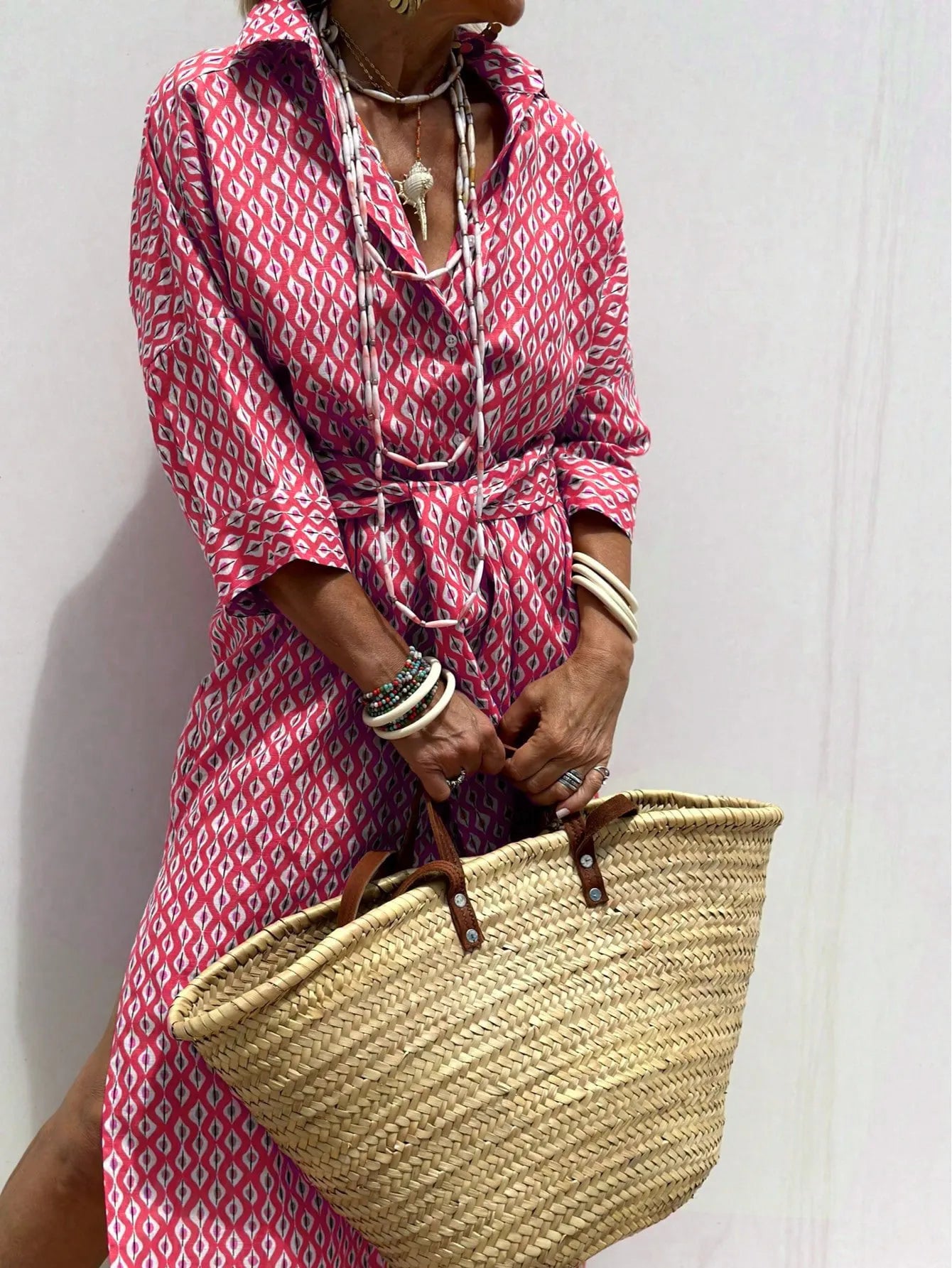 Lapel Five-Quarter Sleeve Printed Loose Maxi Dress Ethnic Travel Shirt Dress