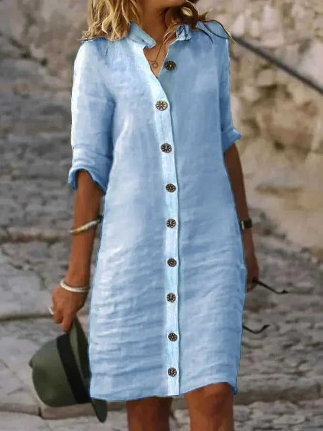 Collared Button Down Linen Midi Shirt Dress