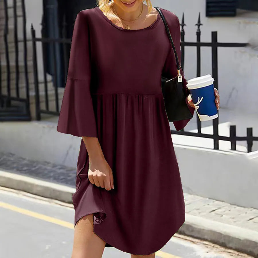 Crew Neck Flared 3/4 Sleeve Loose Tiered Irregular Hem Solid Midi Dress