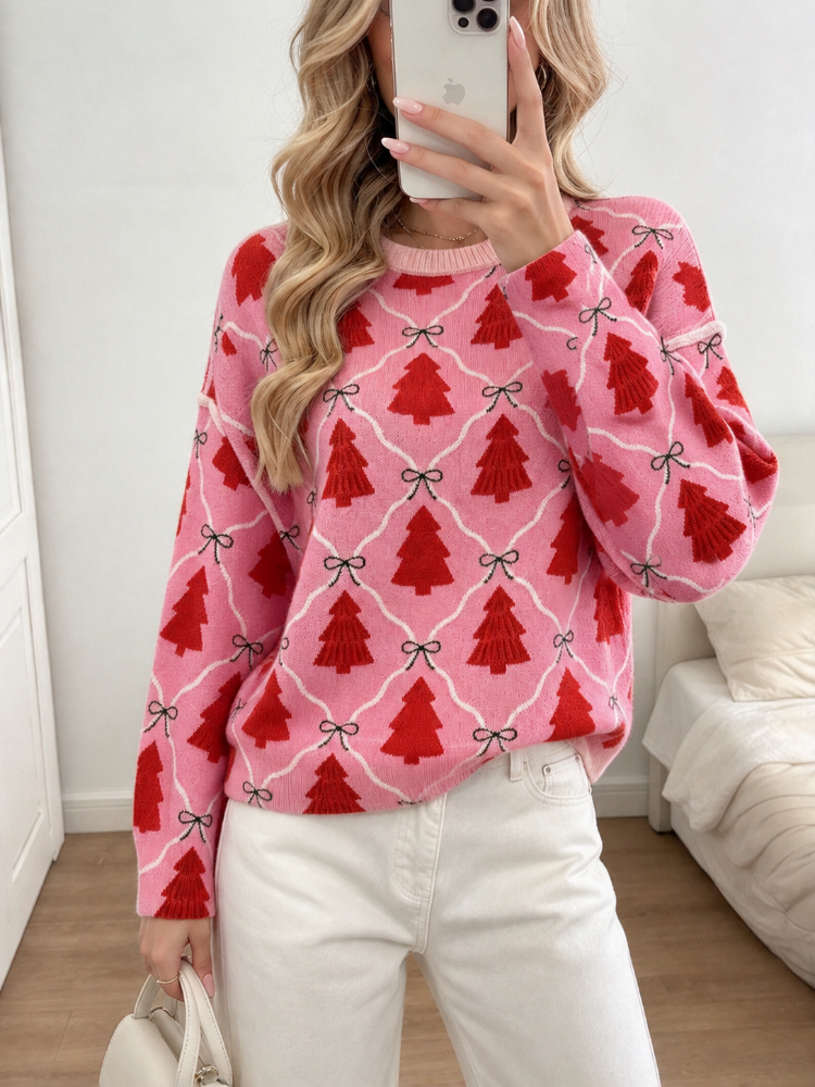 Pink Christmas Tree Bow Print Pullover Sweater