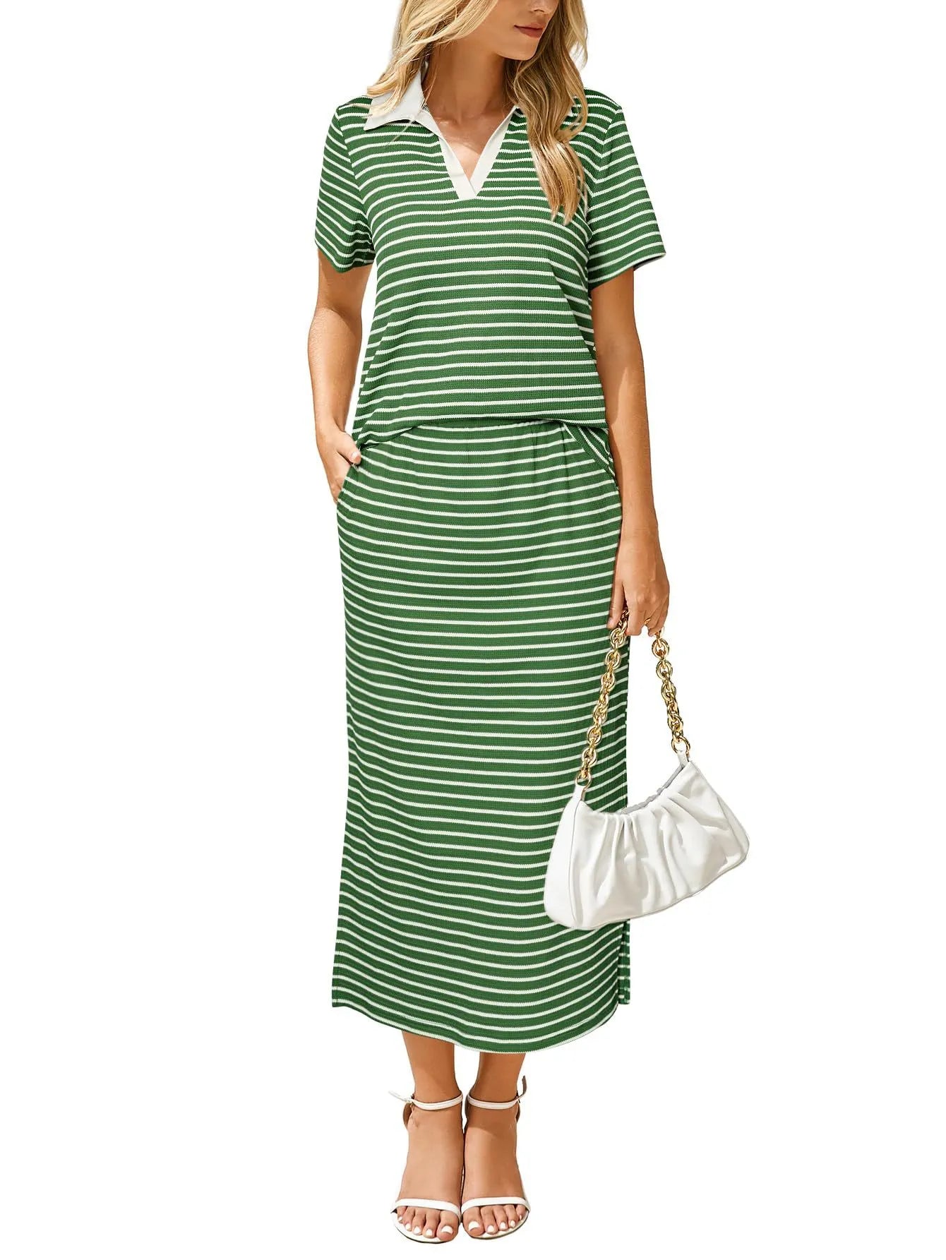 Striped Polo Neck Top and Midi Skirt Set