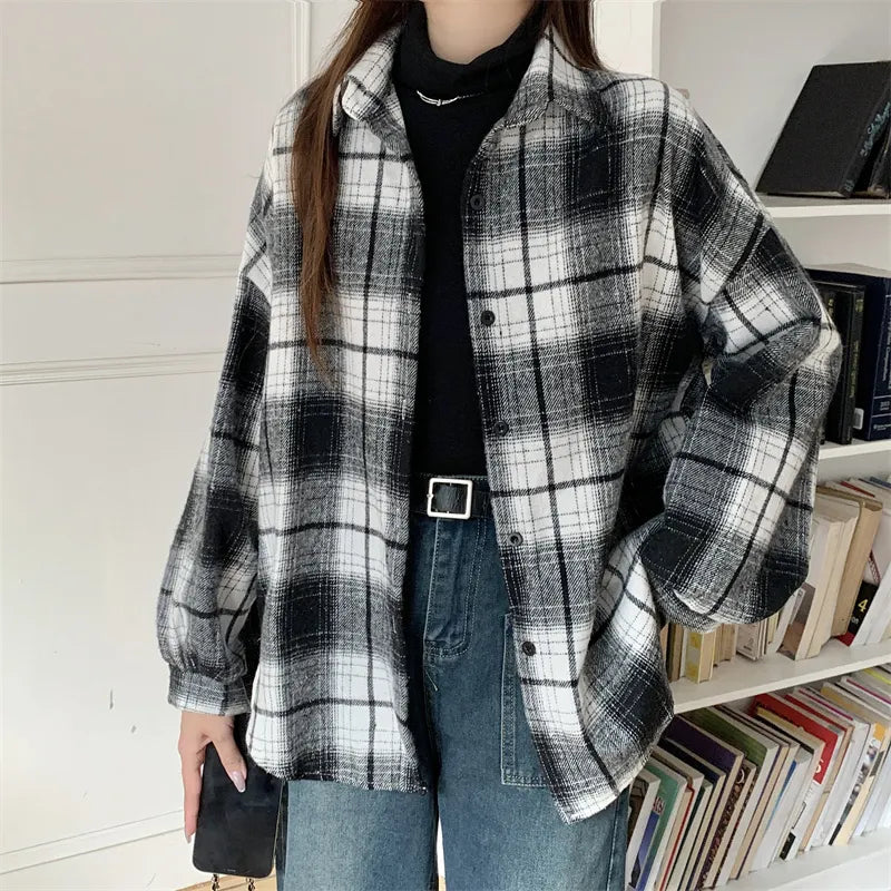 Fall Oversized Brown Black Plaid Shirt, Long Length Button Front Loose Fit Blouse