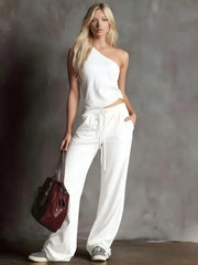 Contrast Piping One Shoulder Tank & Wide Leg Pants Two Piece Tracksuit Set