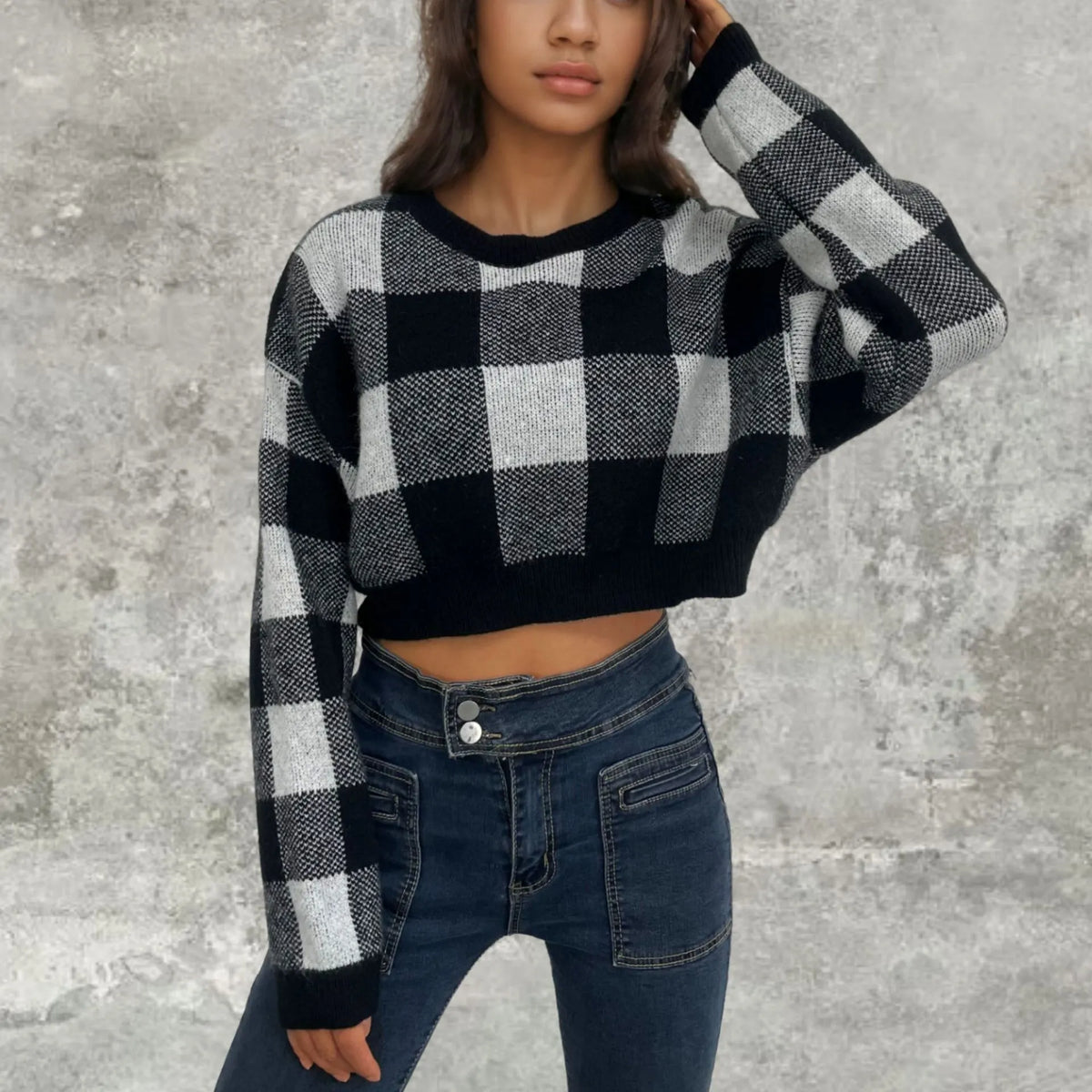 Pink White Plaid Round Neck Cropped Pullover Sweater