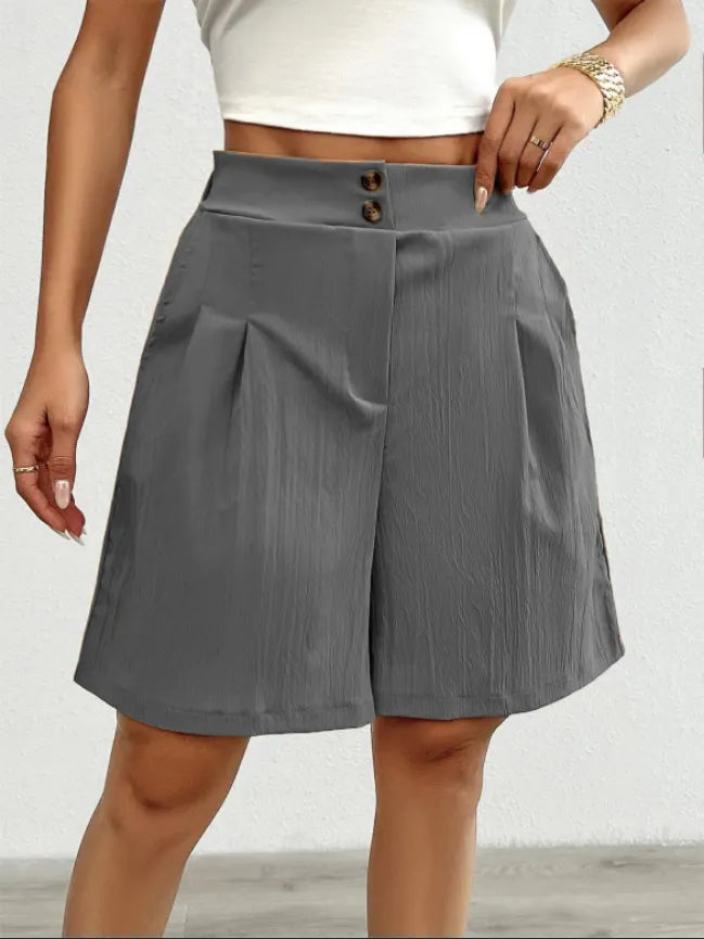 High Waist Double Button Pleated Casual Bermuda Shorts