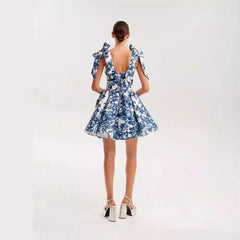 Bow Strap Sweetheart Floral Print Mini Dress