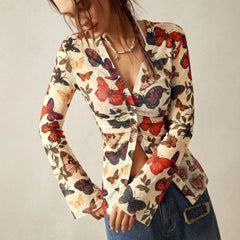 Bohemian Butterfly Printed Long Sleeve Shirt, Y2K Slim V Neck Casual Blouse