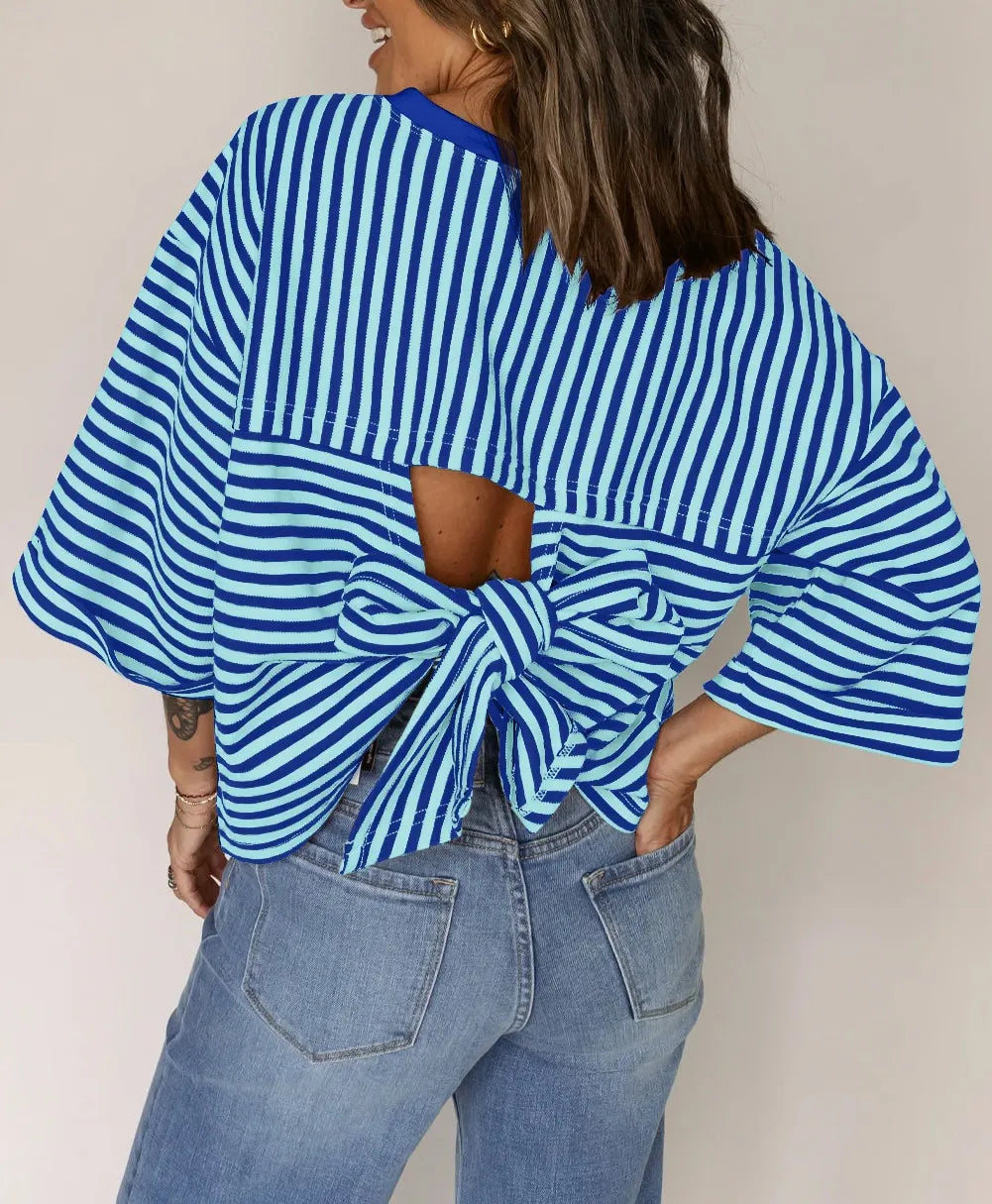 Crew Neck Horizontal Striped Loose Short Horn Sleeve Casual T-Shirt