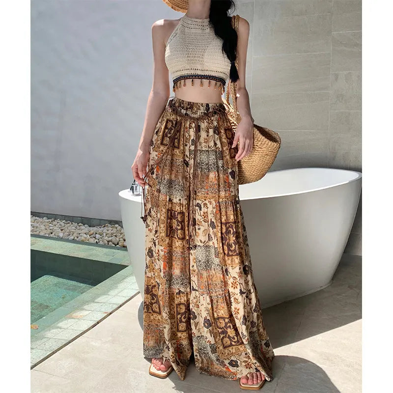 Vintage Ethnic Print High Waist Wide Leg Long Pants