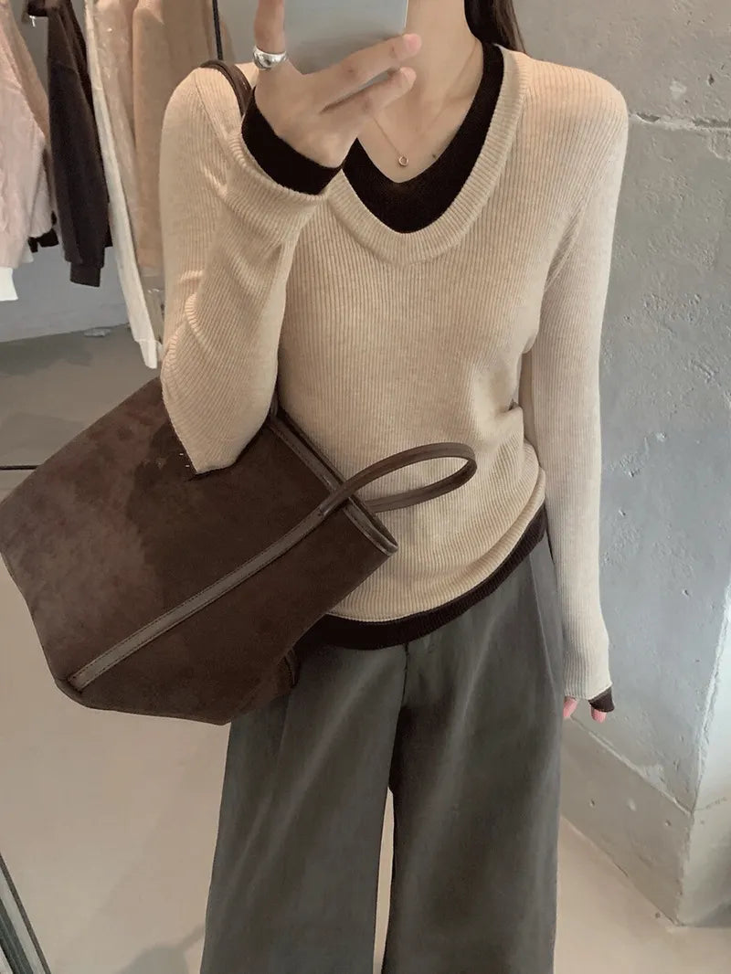 Mock Two‑Piece Contrast V Neck Ribbed Knit Top