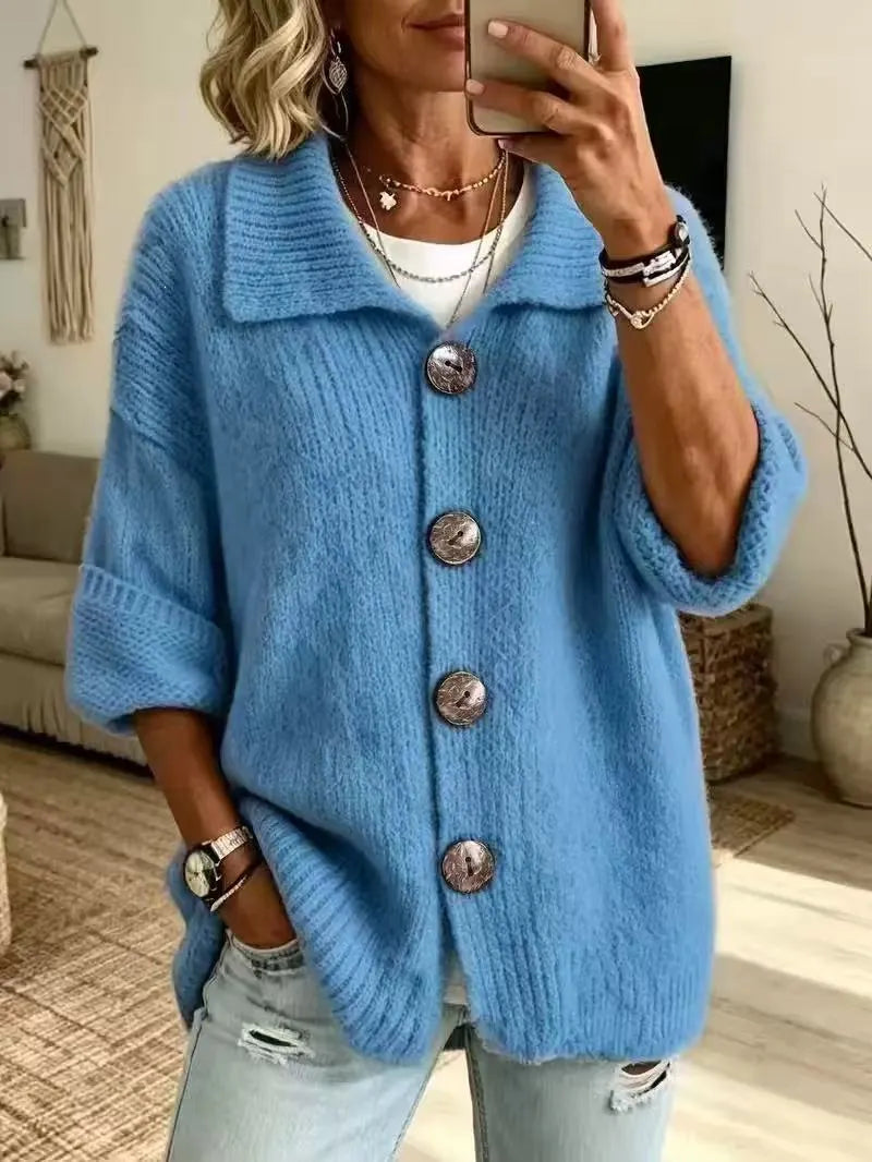 Lapel Collar Button Down Knit Cardigan, 3/4 Sleeve Loose Ribbed Knit Sweater Coat