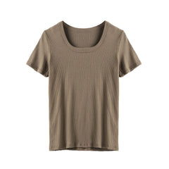 Solid Color Ribbed U-Neck Short Sleeve Loose T-Shirt