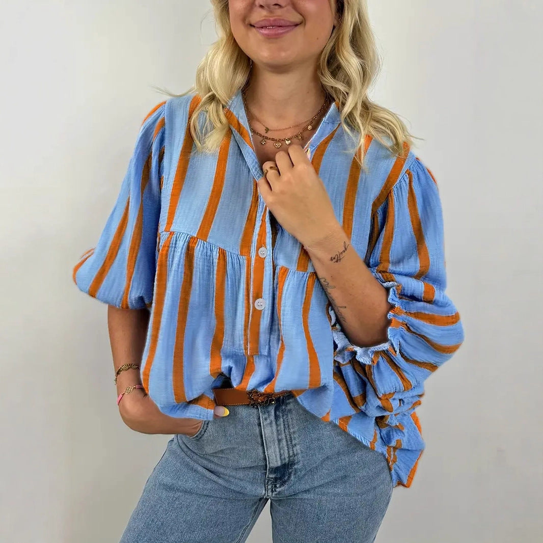 Striped Button-Down Bubble Sleeve Blouse