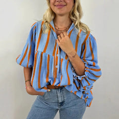 Striped Button-Down Bubble Sleeve Blouse