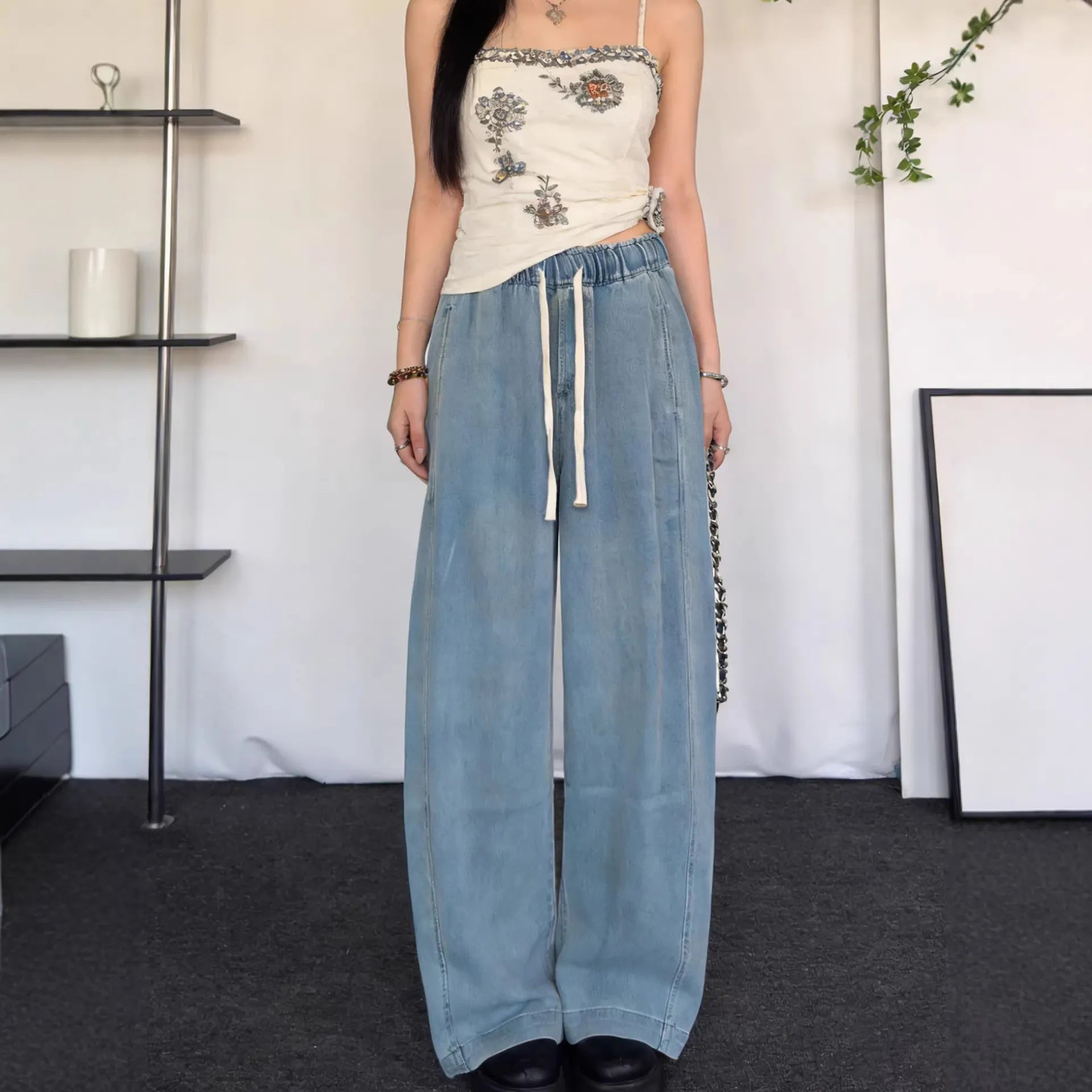 High Waist Drawstring Straight Leg Tencel Jeans