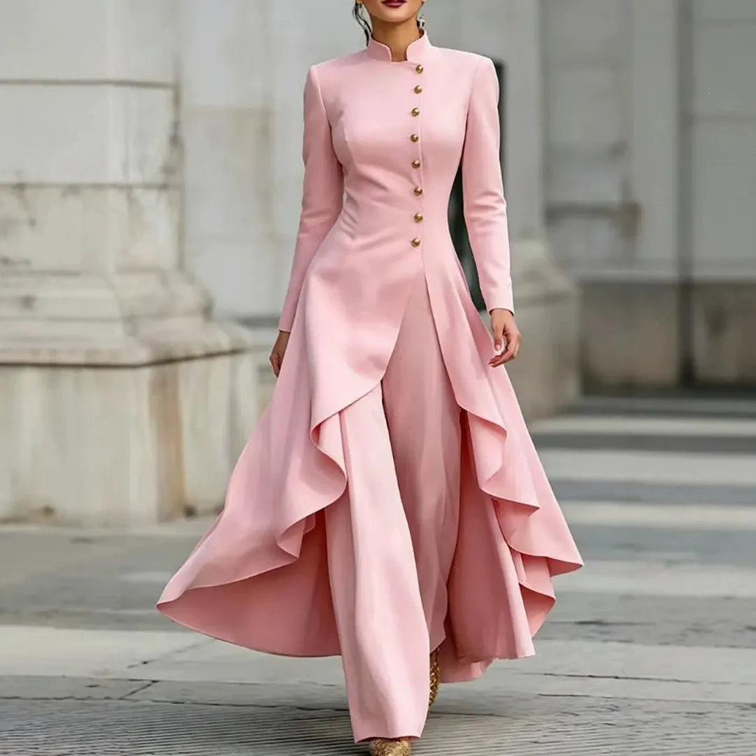 White Stand Collar Long Sleeve Gold Button Skirted Pant Suit