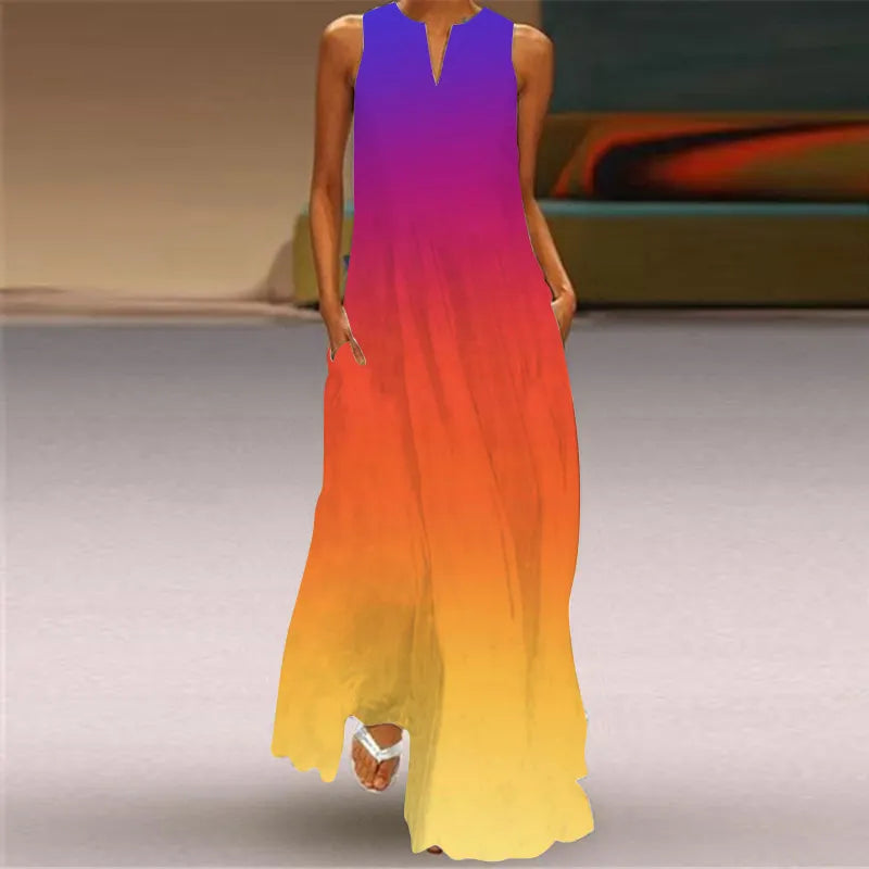 3D Butterfly Print V-Neck Sleeveless Loose A-Line Maxi Dress