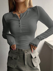 Ribbed Henley Long Sleeve Top