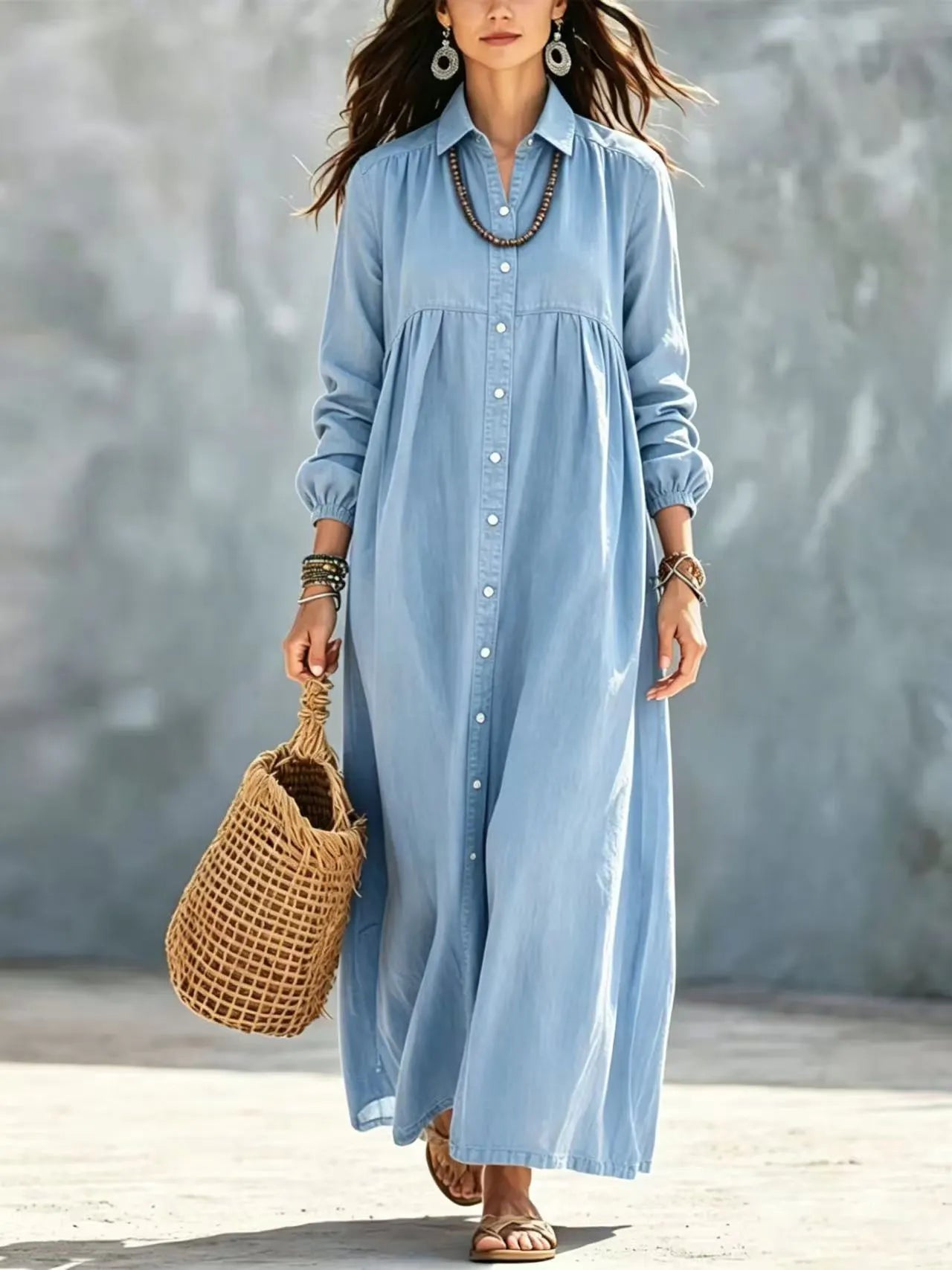 Solid Turn-Down Collar Button Down Ankle-Length Dress
