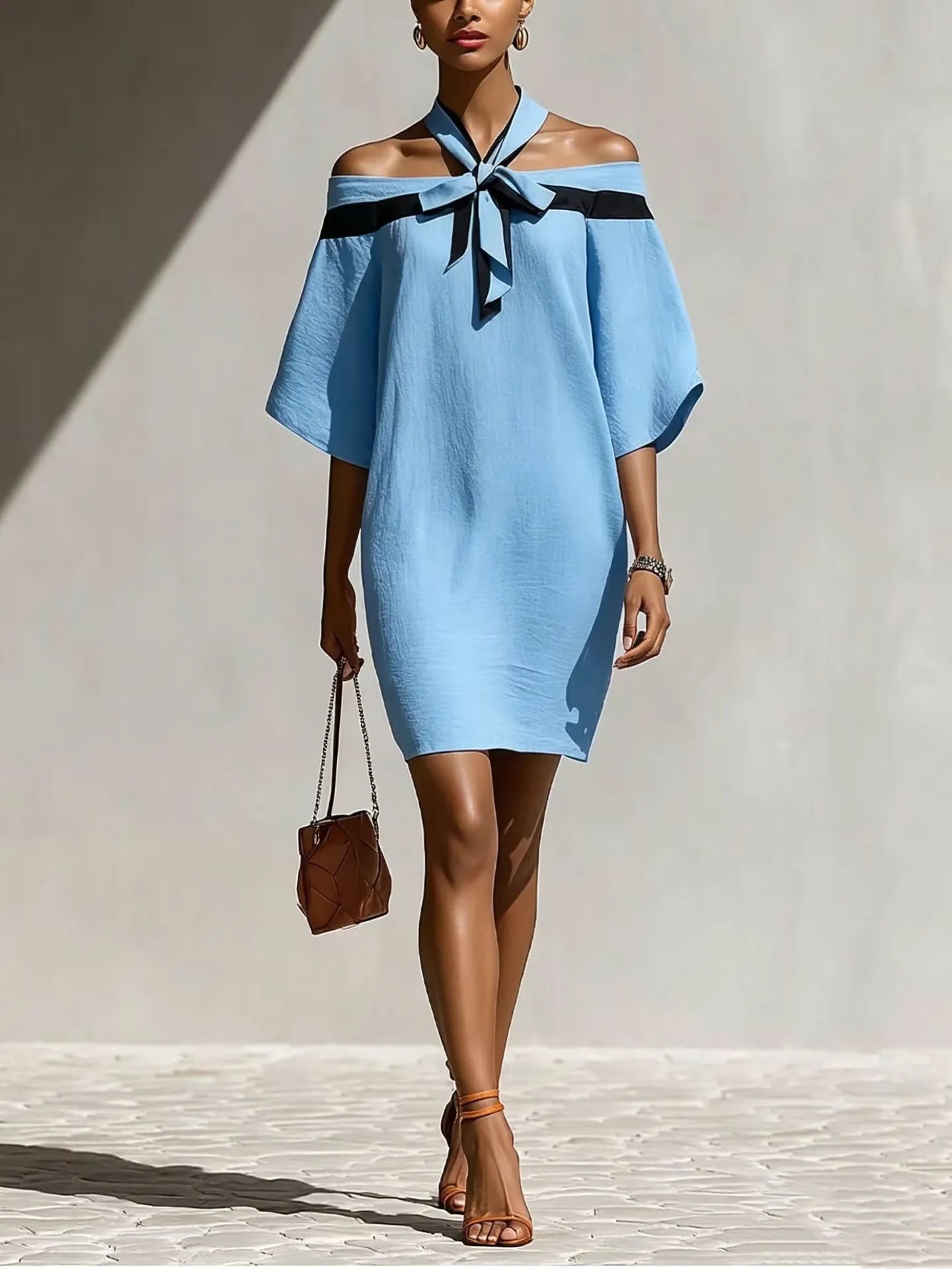 Off Shoulder Bow Tie Contrast Trim Batwing Sleeve Mini Dress