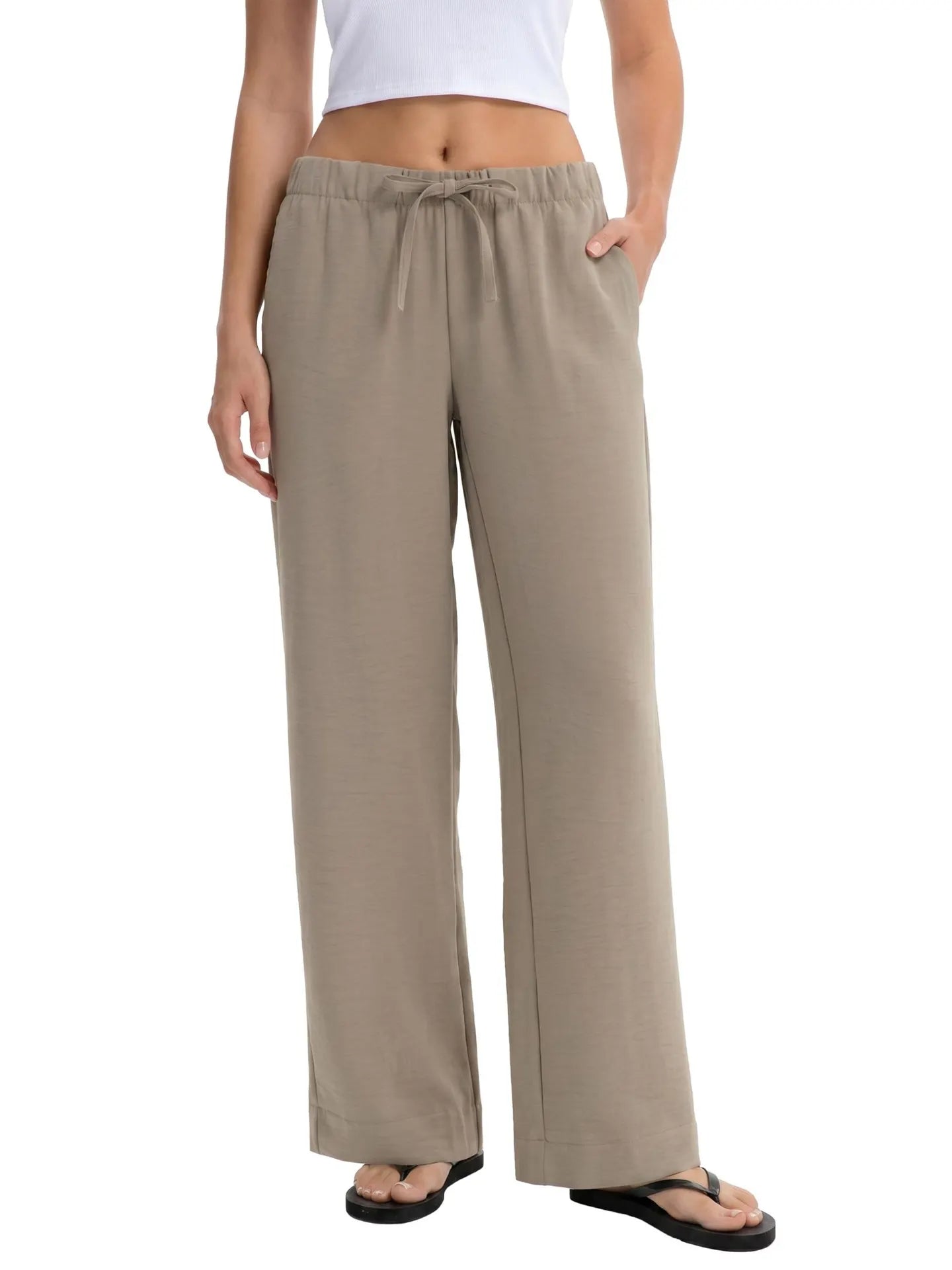 Drawstring Elastic Waist Wide Leg Casual Long Pants Solid Color Loose Trousers